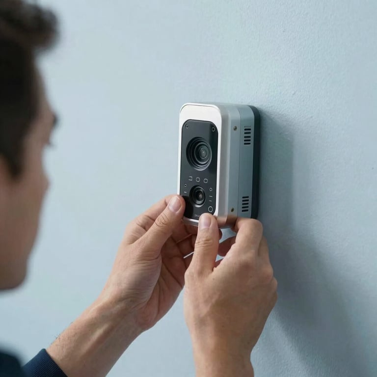 A technician's hands holding a sleek modern security sensor against a light blue wall.
