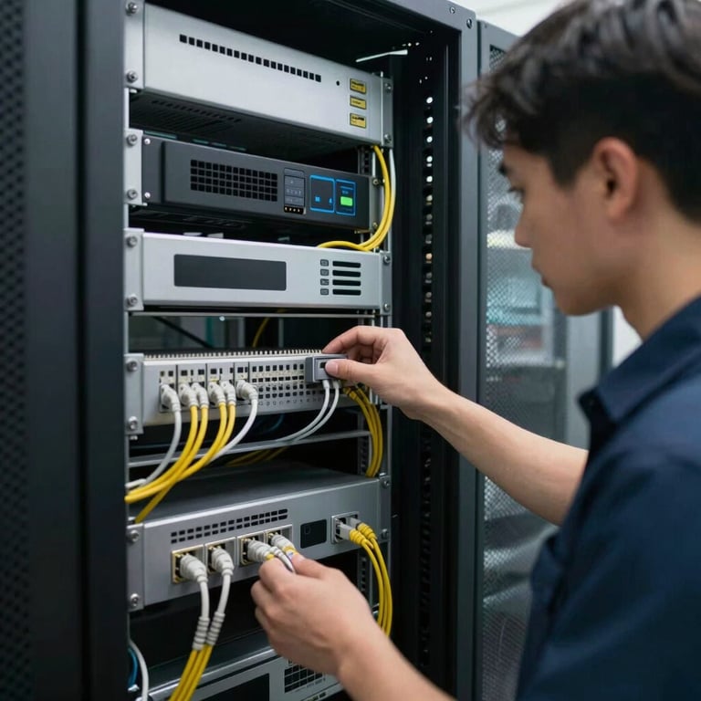 A technician checking organized cabling in a home security server rack in a well-lit utility room.