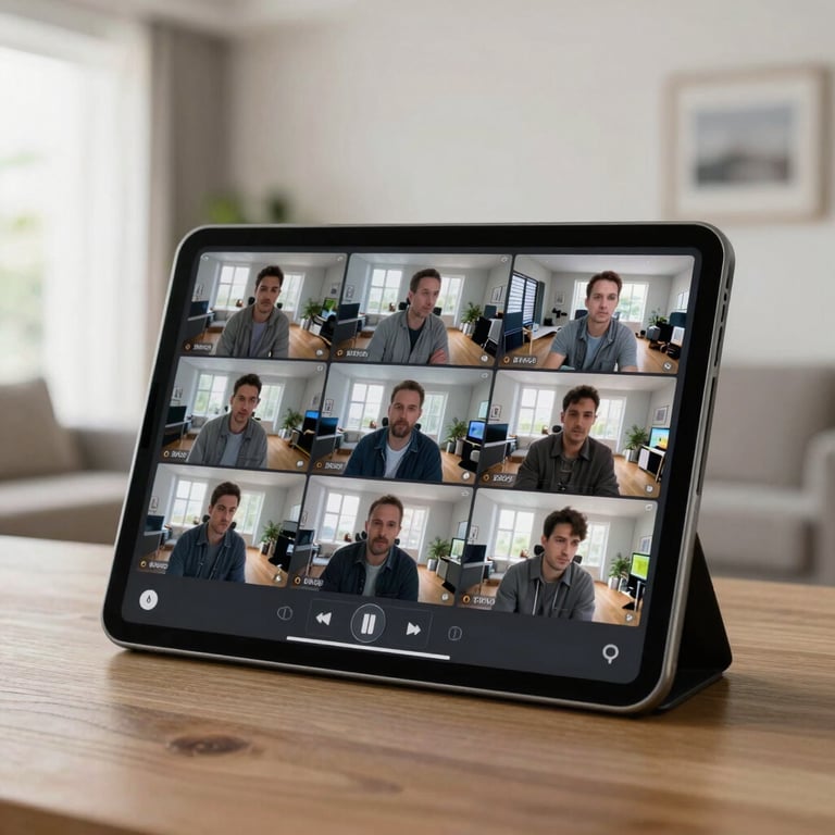 A digital tablet displaying a clear multi-camera security feed in a bright, modern US living room.