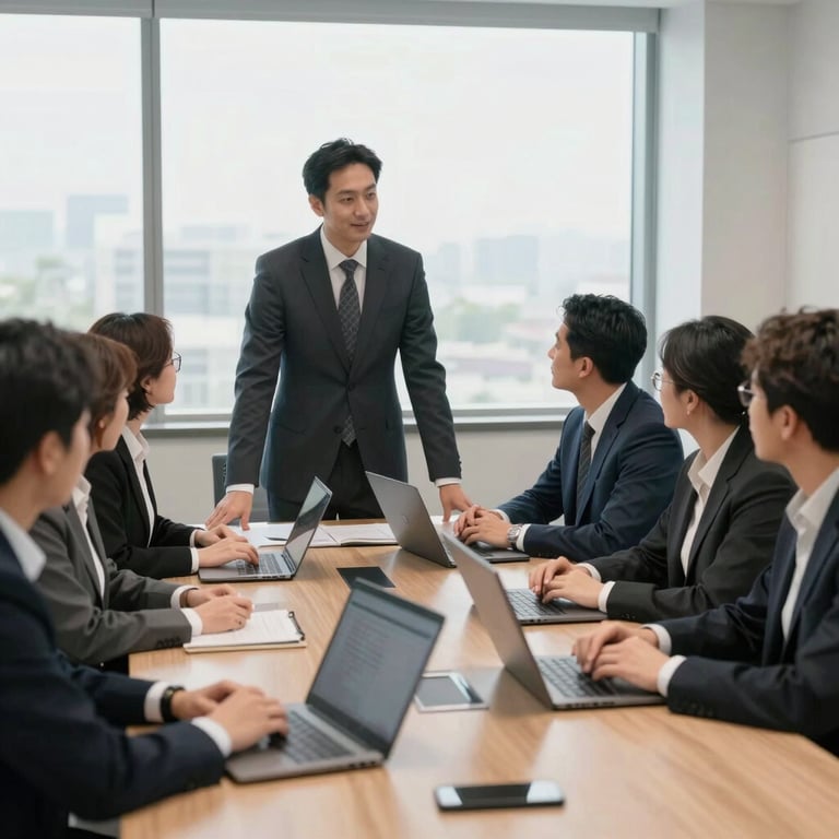A professional team meeting around a conference table with laptops, bright North American corporate interior, collaborative and sophisticated.