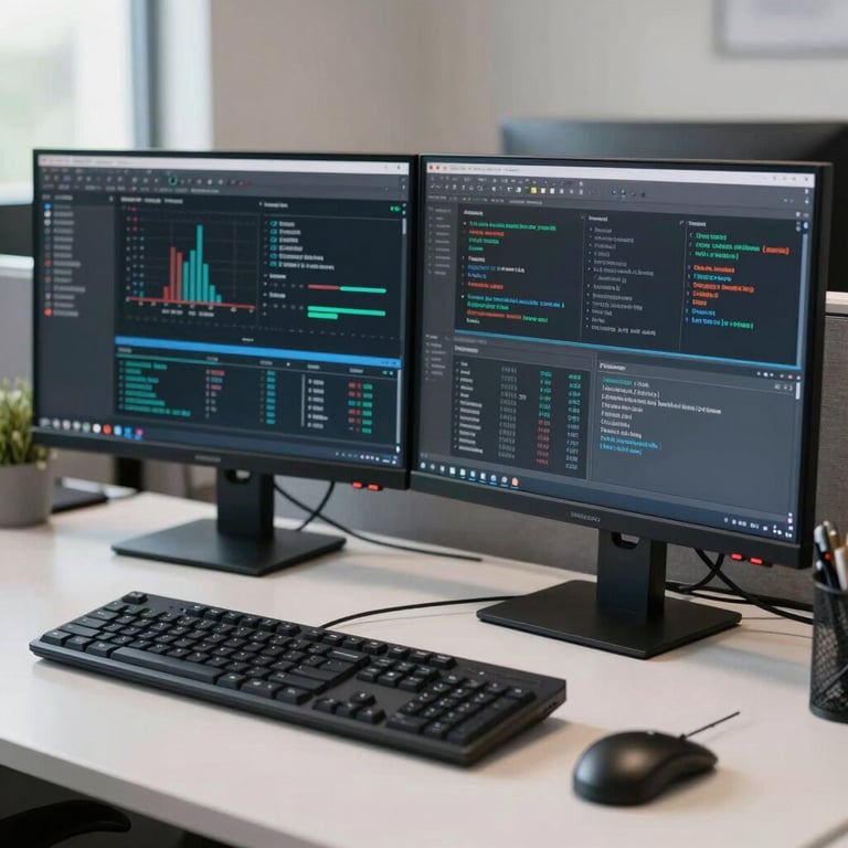 A sleek office workstation with dual monitors showing system diagnostics, clean desk policy, professional and functional style.