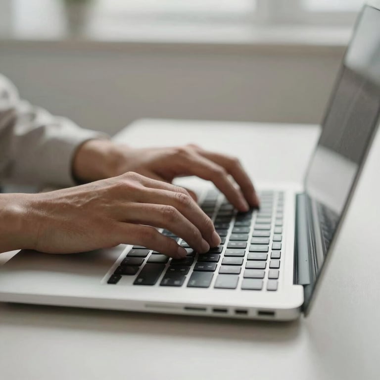 Close-up of hands typing on a sleek laptop keyboard in a minimalist office, high-key lighting, focused and efficient atmosphere.