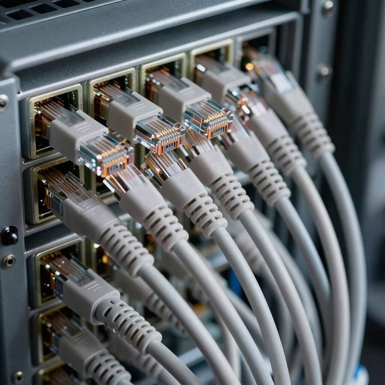 Detail shot of high-quality ethernet cables neatly organized in a network rack, symbolizing order and reliability, light gray palette.