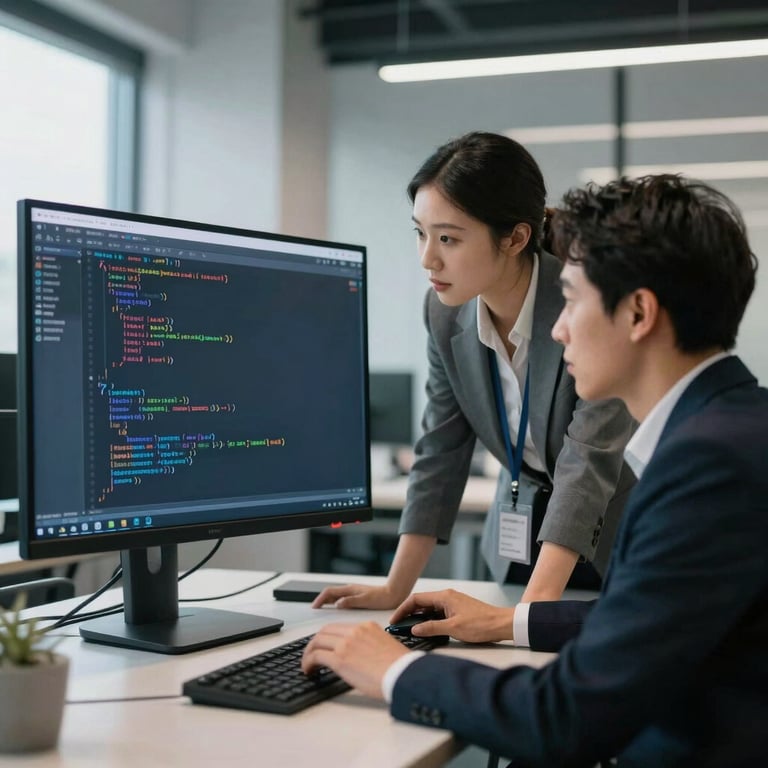 Two colleagues in professional attire analyzing code on a large monitor in a modern North American office, dark blue and light gray tones.