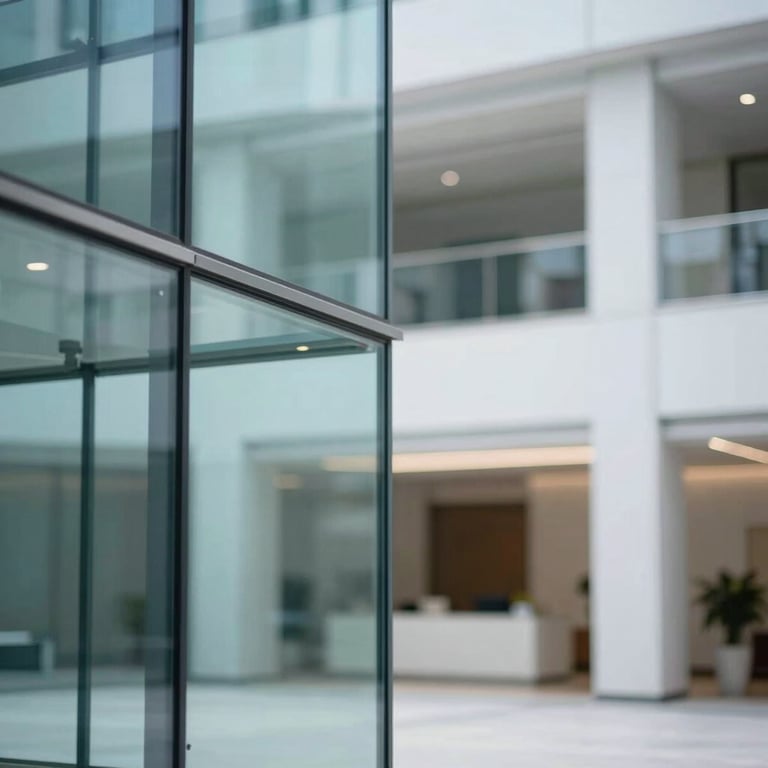 A blurred corporate lobby with a focus on a glass architectural detail, representing transparency and modern design, light blue tones.