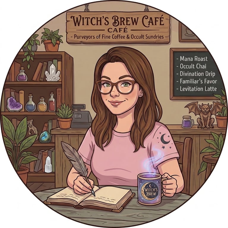 A woman writing in a journal at Witch's Brew Cafe with crystals, potions, and a magical coffee menu.