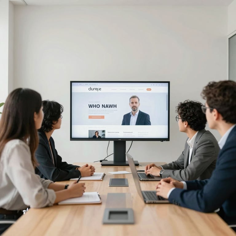 A team of professionals collaborating in a bright, soft off-white conference room, looking at a screen with a clean website design.