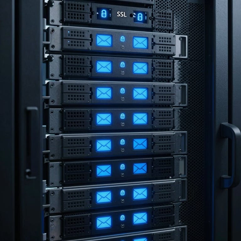 An abstract photographic shot of a data center server rack with glowing soft blue status lights, representing secure SSL and email services.
