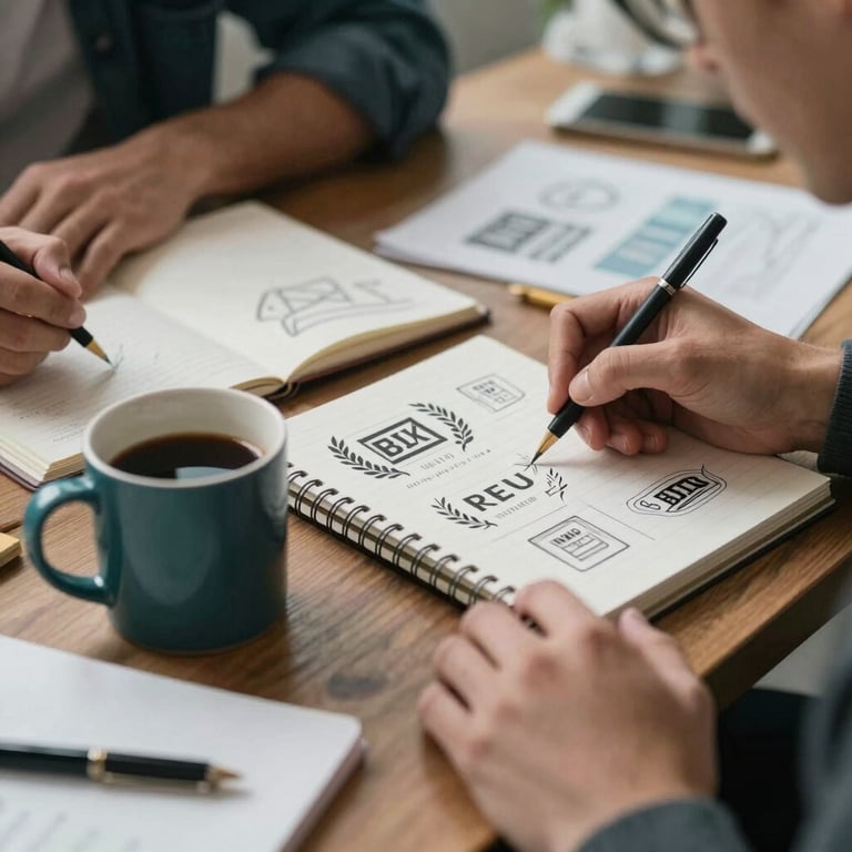 A candid shot of a creative meeting where a designer is sketching branding concepts on a notebook next to a deep teal coffee mug.
