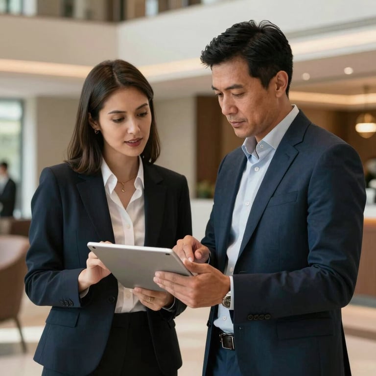 Two professionals in smart casual attire discussing a digital strategy over a tablet in a well-lit, elegant lobby area.