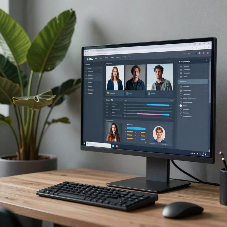 A modern workspace with a large plant and a sleek monitor showing a social media analytics dashboard in muted blue-grey tones.