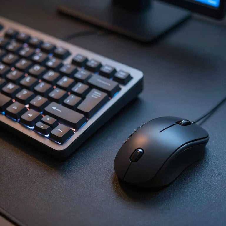 Close-up of a high-end keyboard and mouse on a dark charcoal desk, with a soft blue light indicating active digital work.
