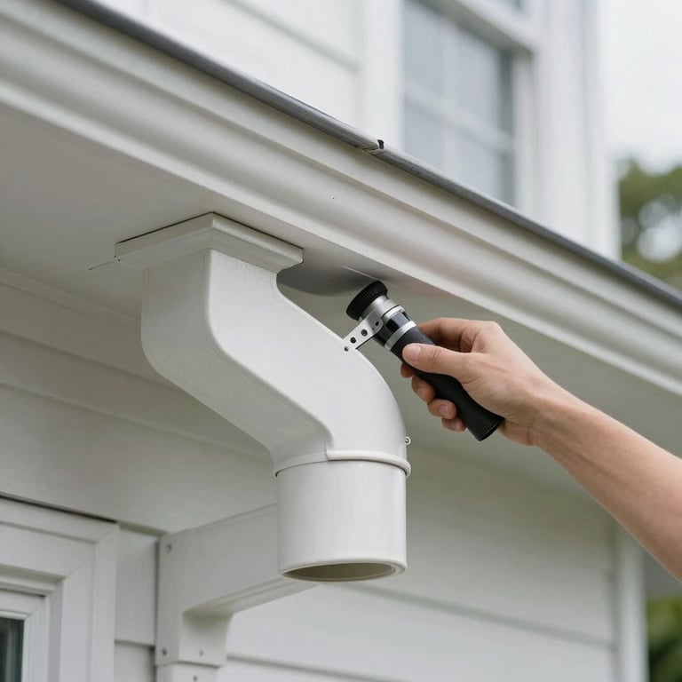 Detailed macro shot of professional gutter installation on a clean white house trim, showing precision craftsmanship.