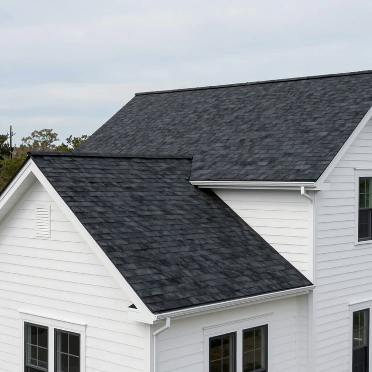 A wide shot of a modern New Jersey home featuring a completed charcoal-colored asphalt roof and clean white siding.