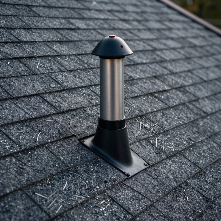 Extreme close-up photography of a new chimney flashing installation on a high-quality asphalt shingle roof.