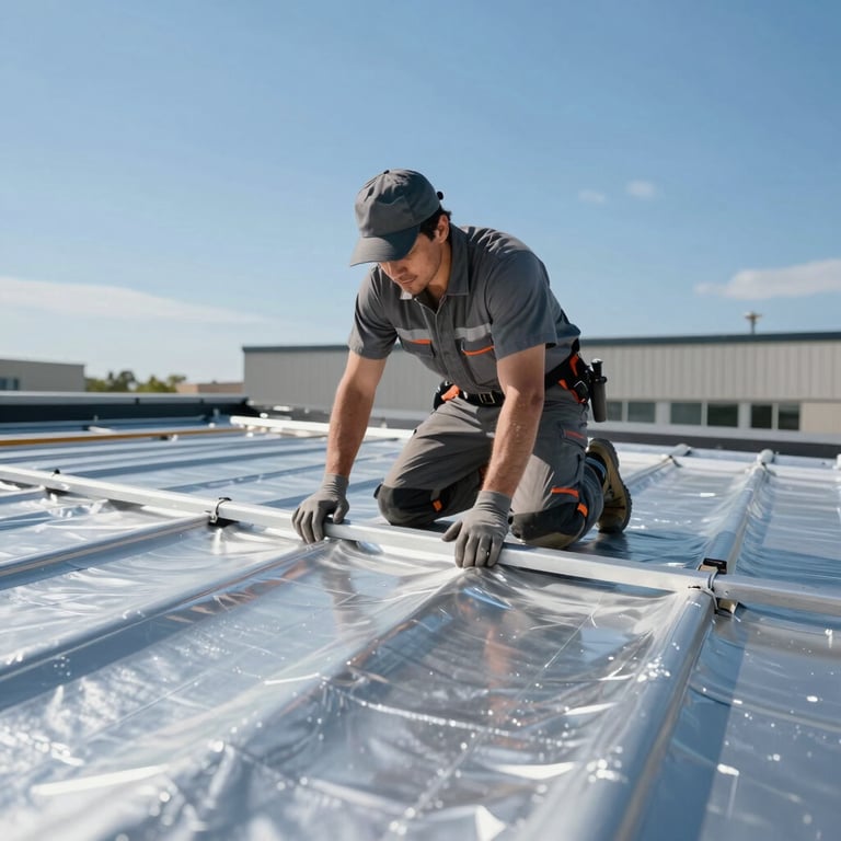 A professional roofing contractor inspecting a commercial flat roof with a silver protective coating under a bright blue sky.