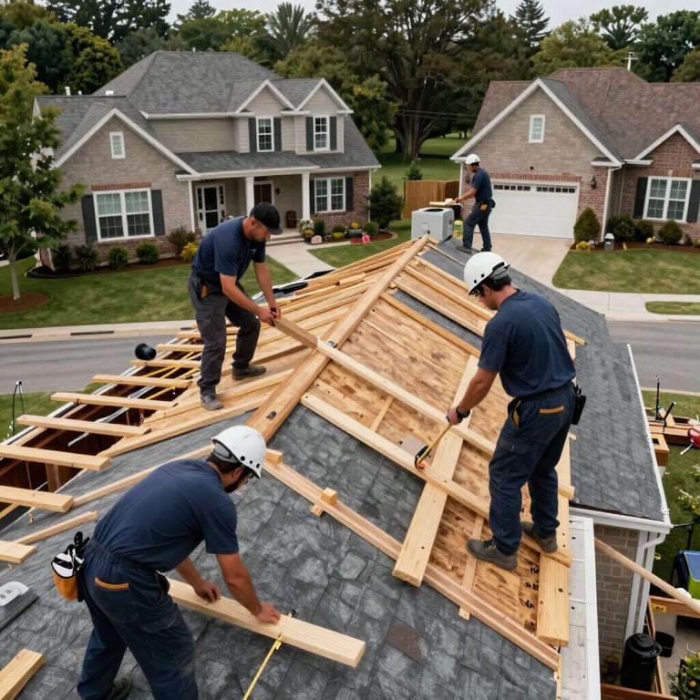 A residential roof replacement in progress on a large suburban house with professionals in navy blue uniforms. North American / US setting.
