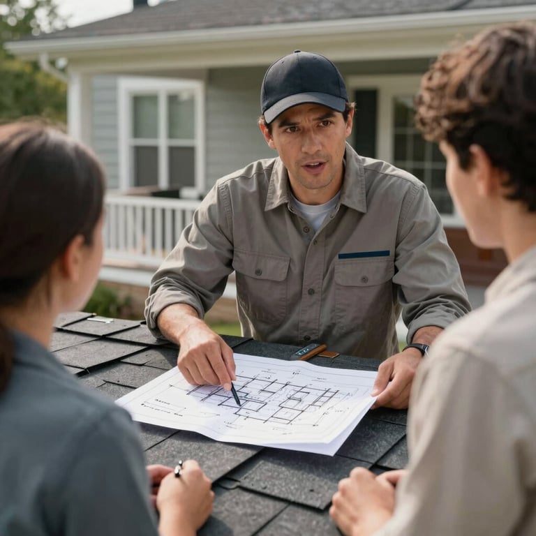 A roofing contractor in professional attire pointing at a detailed roof project plan while talking to a customer on a front porch.