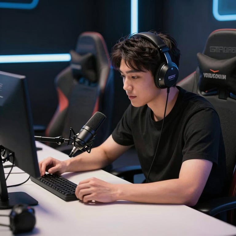 A creator in a North American / US setting adjusting a microphone at a professional gaming desk with sleek, futuristic furniture.