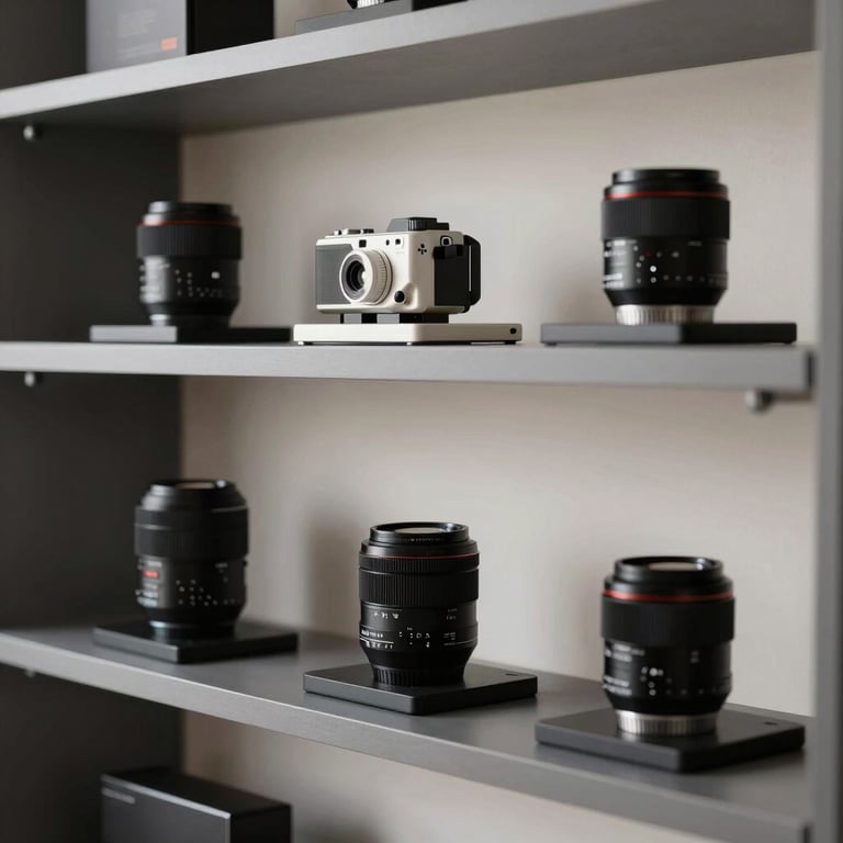 A minimalist shelf showcasing premium gaming accessories, organized by color in a charcoal gray and soft off-white palette.
