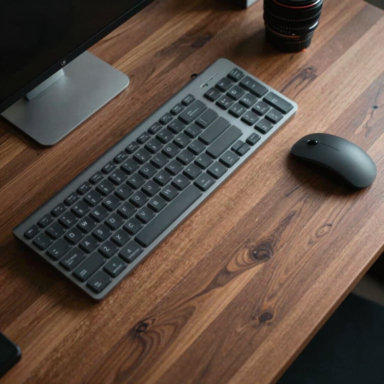 A top-down view of a high-end wooden desk with a charcoal gray keyboard and mouse in a North American / US creative studio.