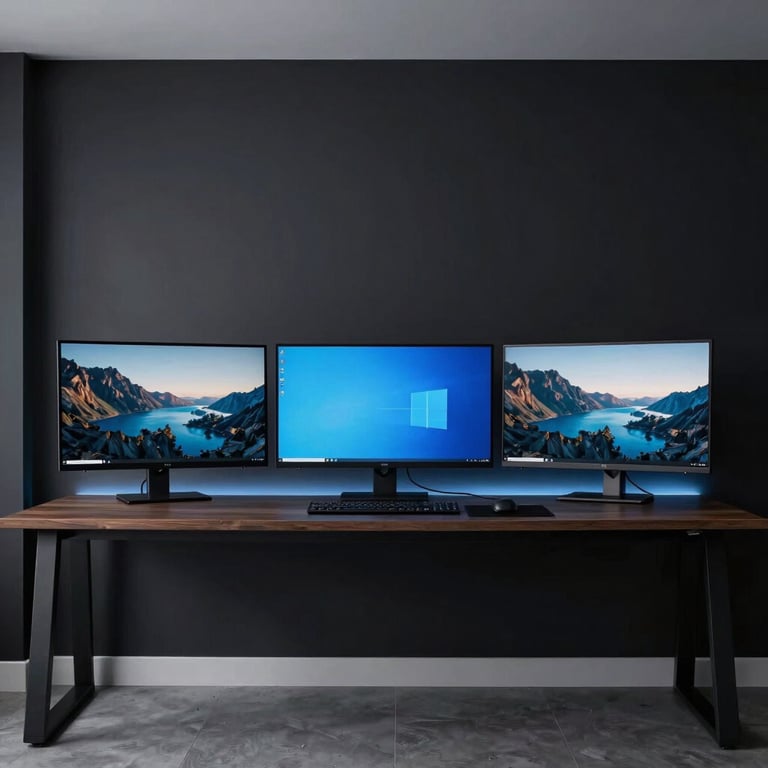A wide shot of a minimalist gaming setup with three monitors in a modern North American / US apartment. Deepest black walls with muted slate blue lighting accents.