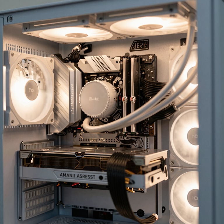 A detailed close-up of a high-end PC with soft off-white internal lighting, showcasing premium components in a clean, professional environment.