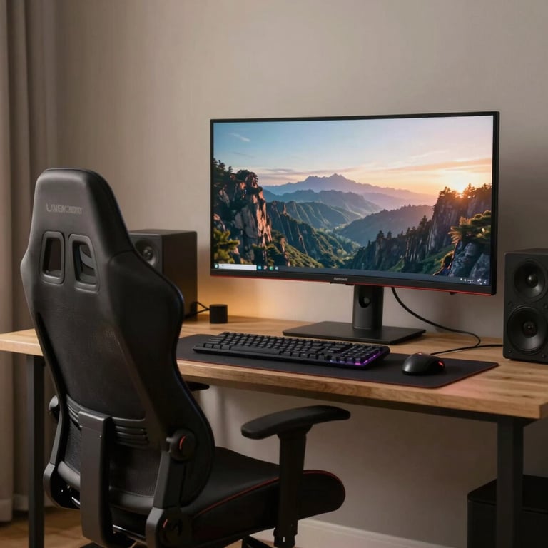 A professional gaming nook in a North American / US home, featuring a high-back ergonomic chair and a single large ultra-wide monitor with soft ambient lighting.