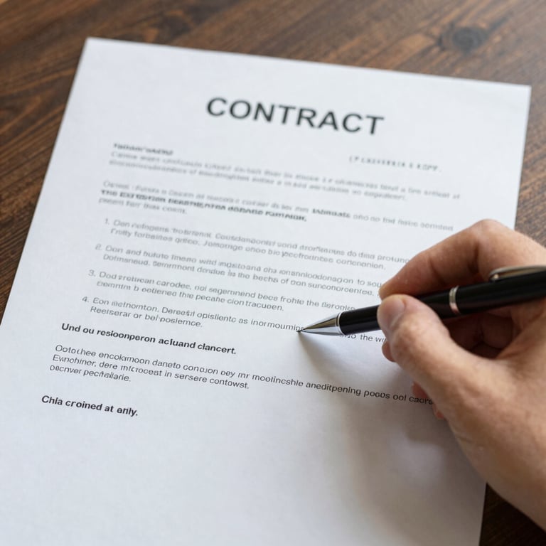 Hand holding a black pen signing a legal business contract paper on a dark wooden desk.