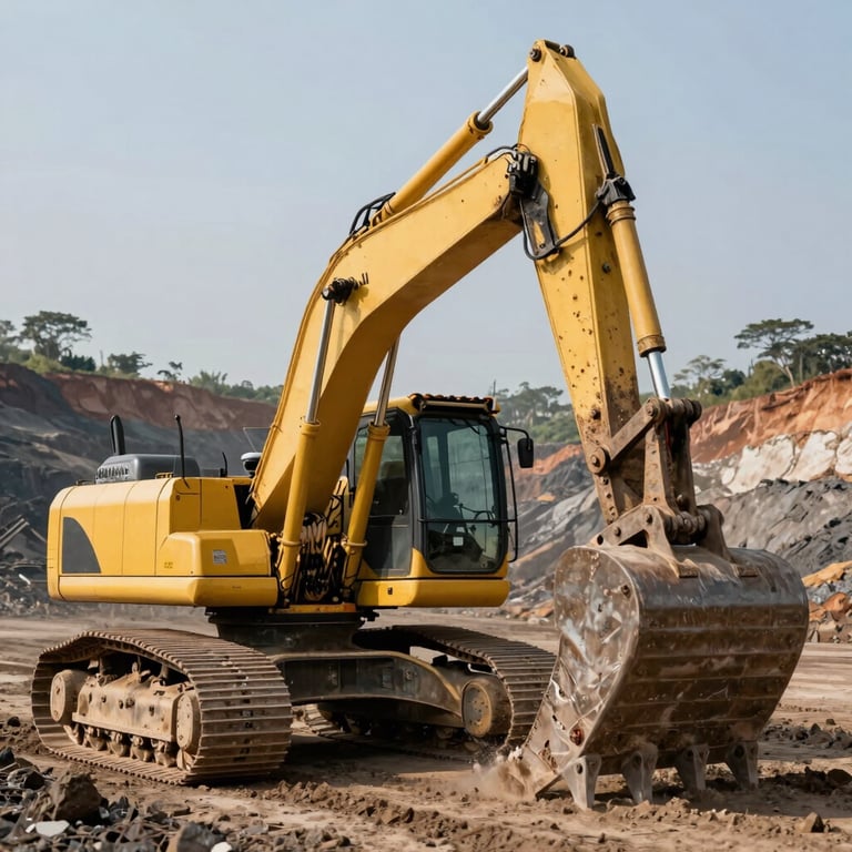 A large yellow excavator at work in a South American open-pit mine during a clear day.