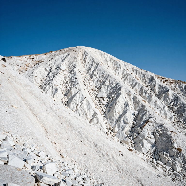 A mountain of finely crushed white limestone under a bright blue sky.