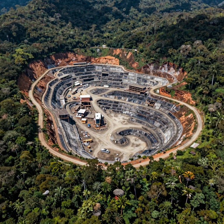 Aerial view of a mining facility surrounded by South American vegetation, professional drone shot.