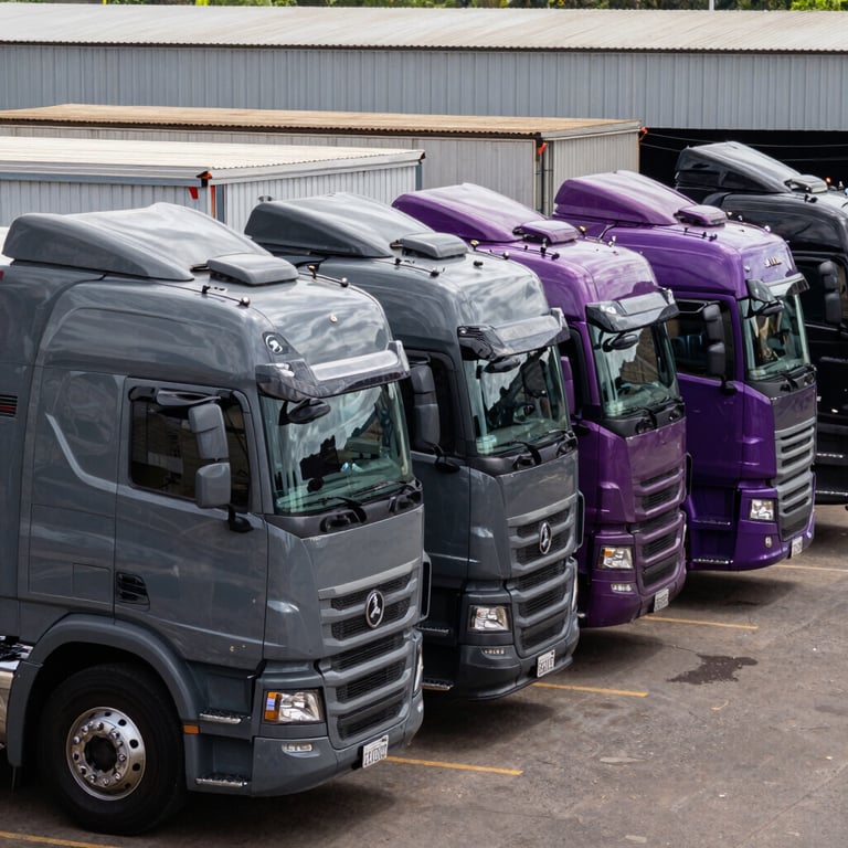 A fleet of heavy transport trucks lined up neatly in an industrial lot in Brazil, slate grey and purple accents.