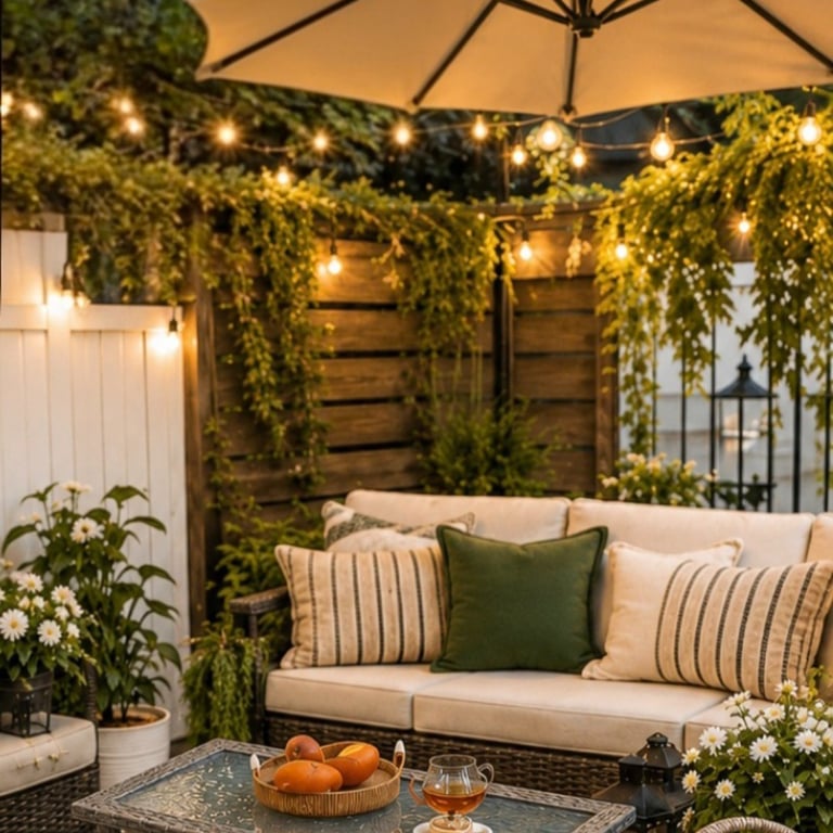 Cozy farmhouse patio setup at night with a light beige umbrella, string lighting, and wicker sofa wi