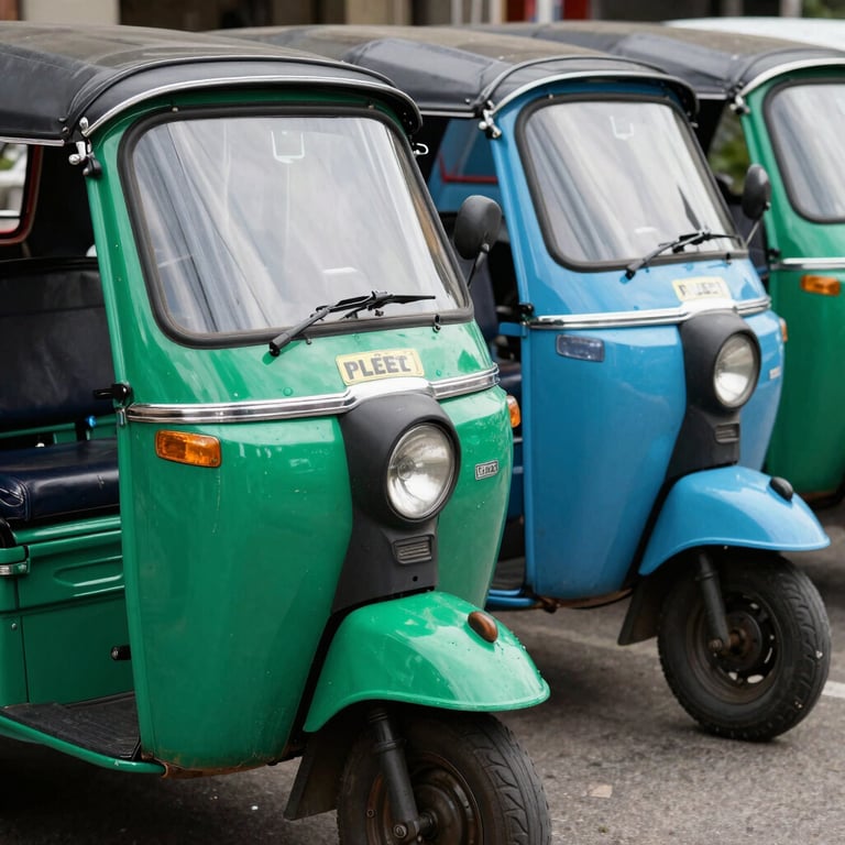 Fleet of e-rickshaws with uniform branding parked in a row, bright emerald green and soft blue palette, daylight.