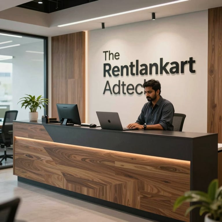 The Rentalkart Adtech corporate office reception, modern interior design, South Asian / Indian workplace vibe.