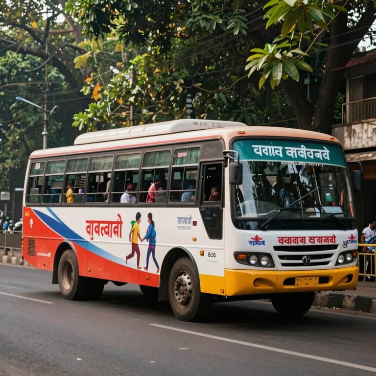A branded bus with full-side advertising driving through a leafy street in Kolkata, South Asian / Indian environment.