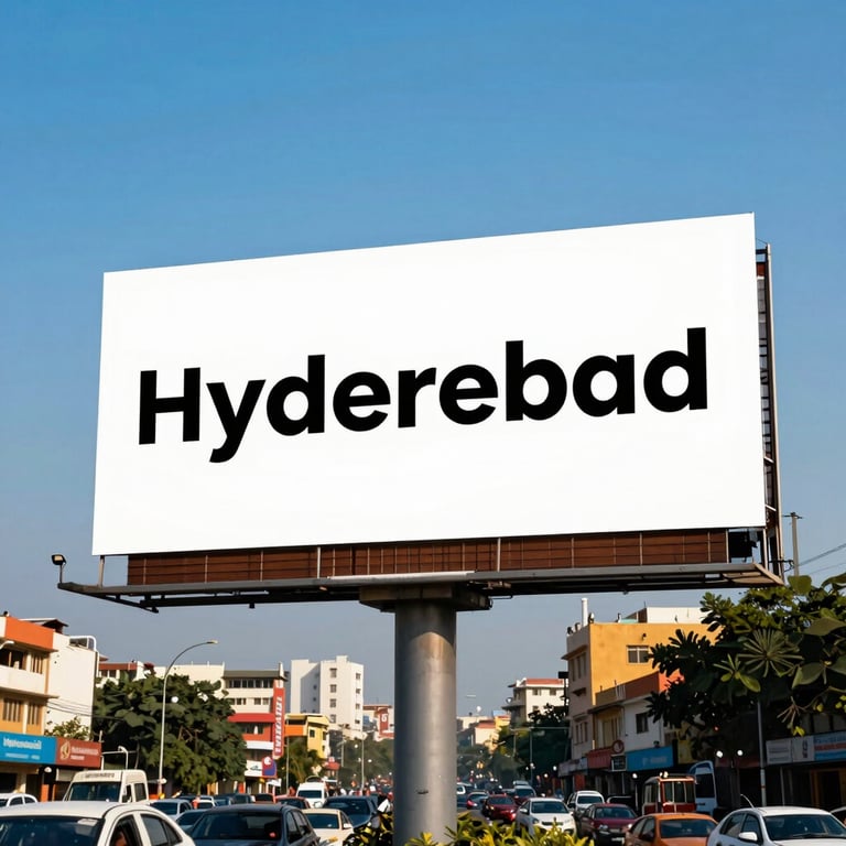 A high-impact billboard standing against a clear blue sky in a bustling commercial hub of Hyderabad.