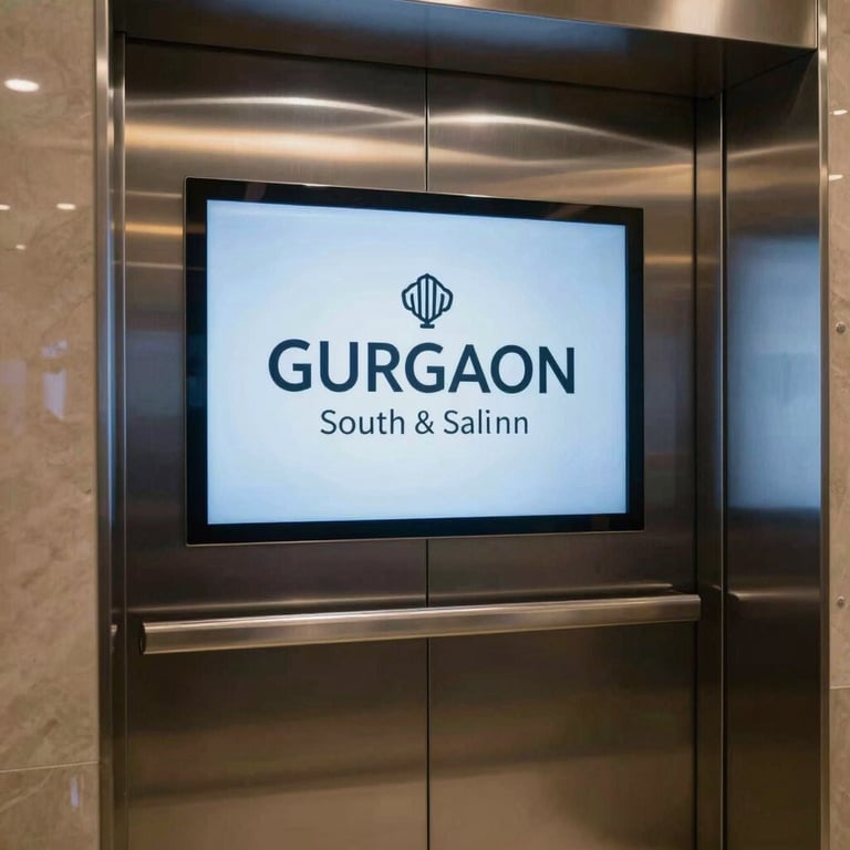 Modern digital screen branding inside a luxury apartment lift lobby in Gurgaon, South Asian / Indian setting.