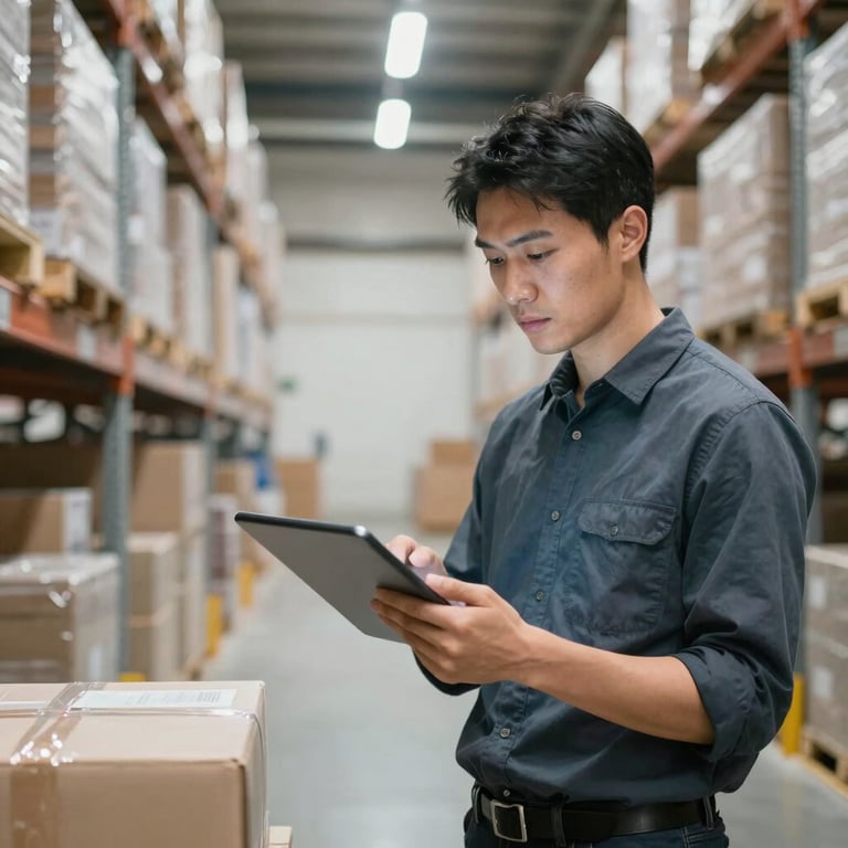 A professional in a modern warehouse environment holding a digital tablet while checking organized cargo. Clean, efficient lighting in a Global / International setting.