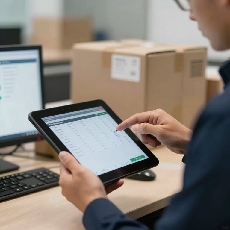 Close-up of a logistics professional in a North American office checking a digital tracking tablet, wearing a professional uniform.
