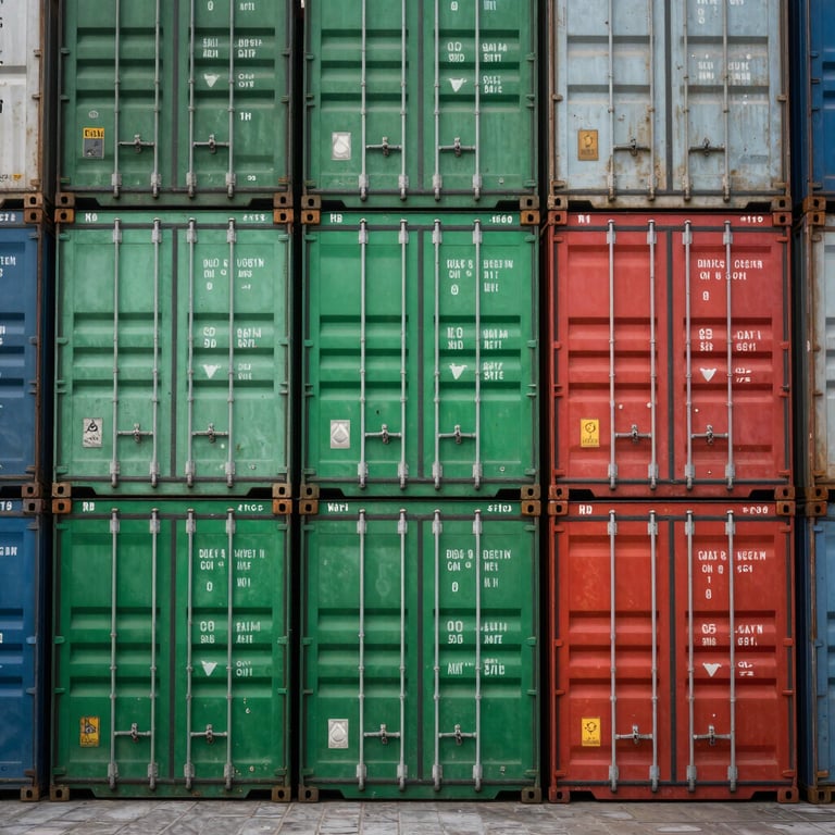 Stacked shipping containers in vibrant forest green and bright red at a busy international transport hub.