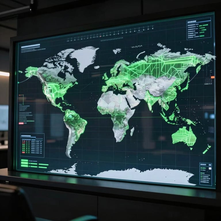 A global shipping map displayed on a high-tech glass screen in a dark modern control center, illuminated with glowing green digital lines.