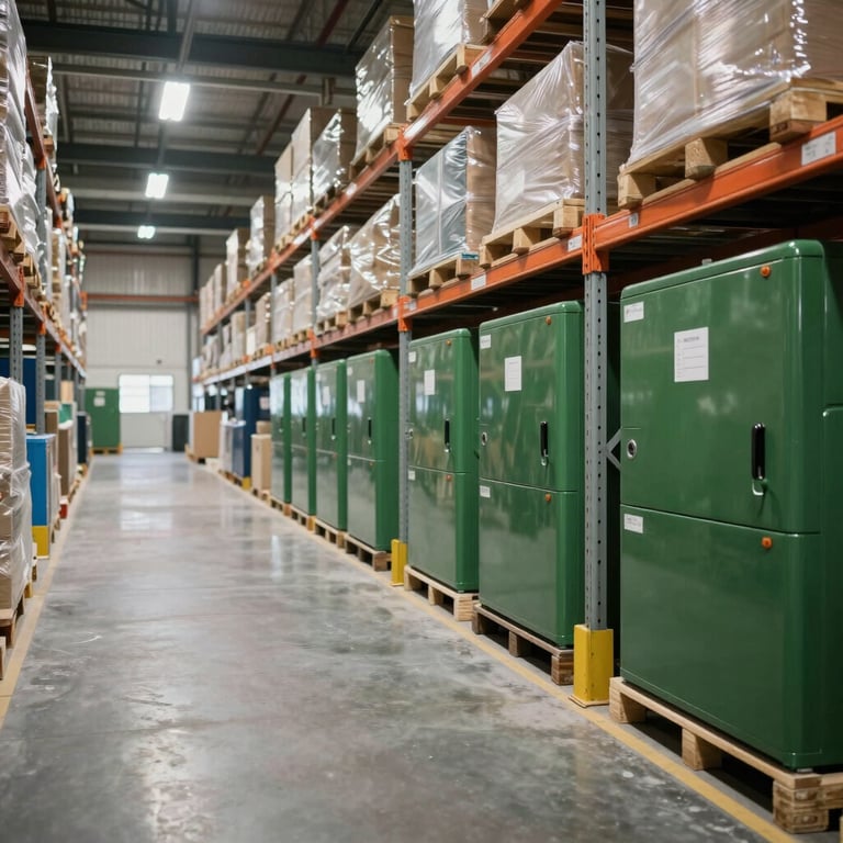 A vast, clean, organized warehouse interior with tall shelves and forest green equipment. Soft industrial lighting in an international logistics hub.