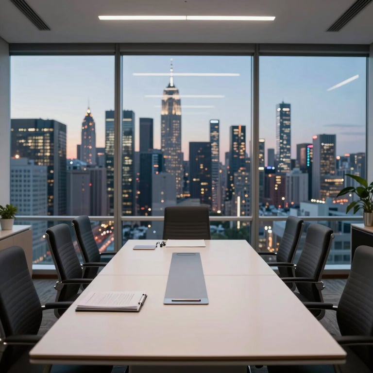 A modern office boardroom with a glass wall overlooking a busy metropolitan skyline at dusk, conveying a professional and reliable brand image.
