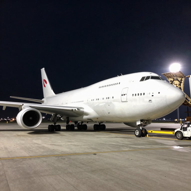 Photography of a large cargo aircraft being loaded on a tarmac at night under bright stadium lights with a dark navy sky. Global / International setting.