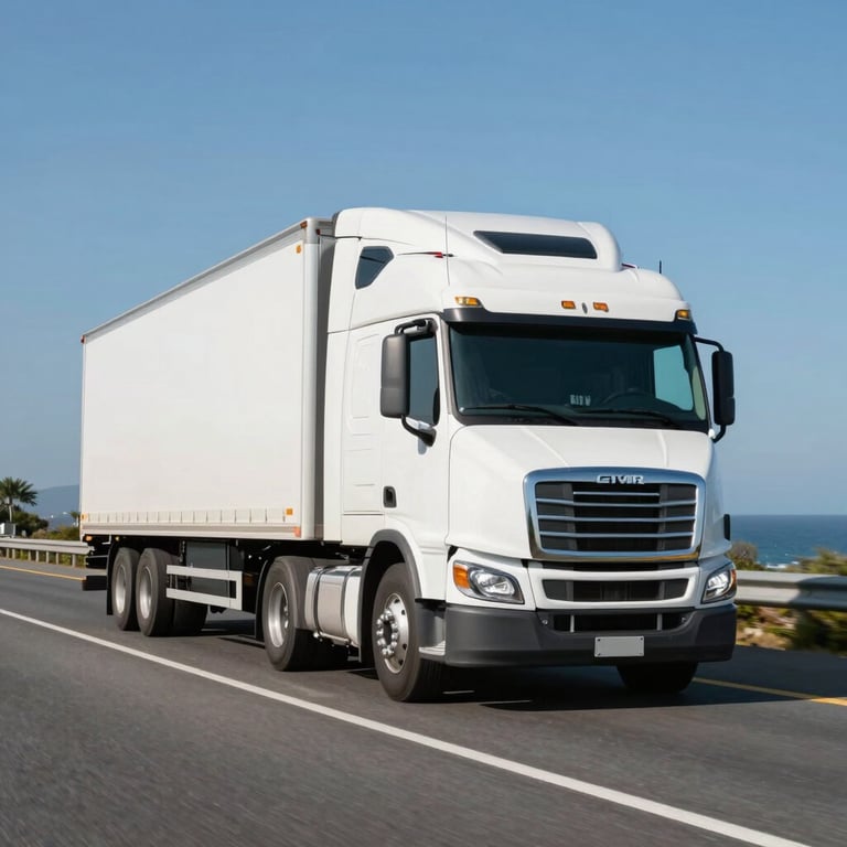 A sleek white semi-truck driving on a winding highway through a coastal region under a clear blue sky, professional commercial photography.