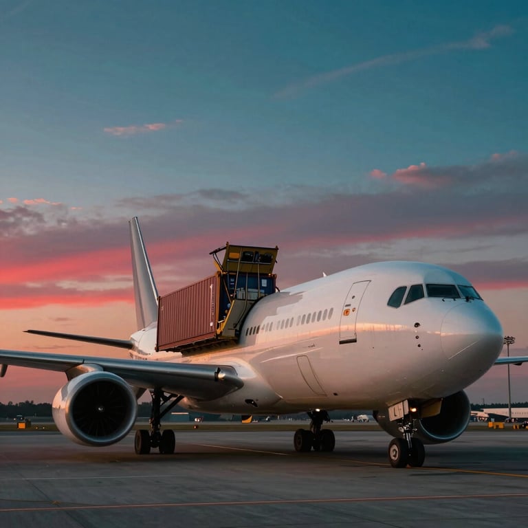 A cargo plane being loaded with freight containers at an international airport at sunset, with deep teal and red sky colors.