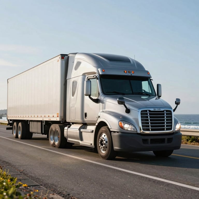 A sleek silver semi-truck driving along a coastal highway in North America under a bright afternoon sun, representing land freight.