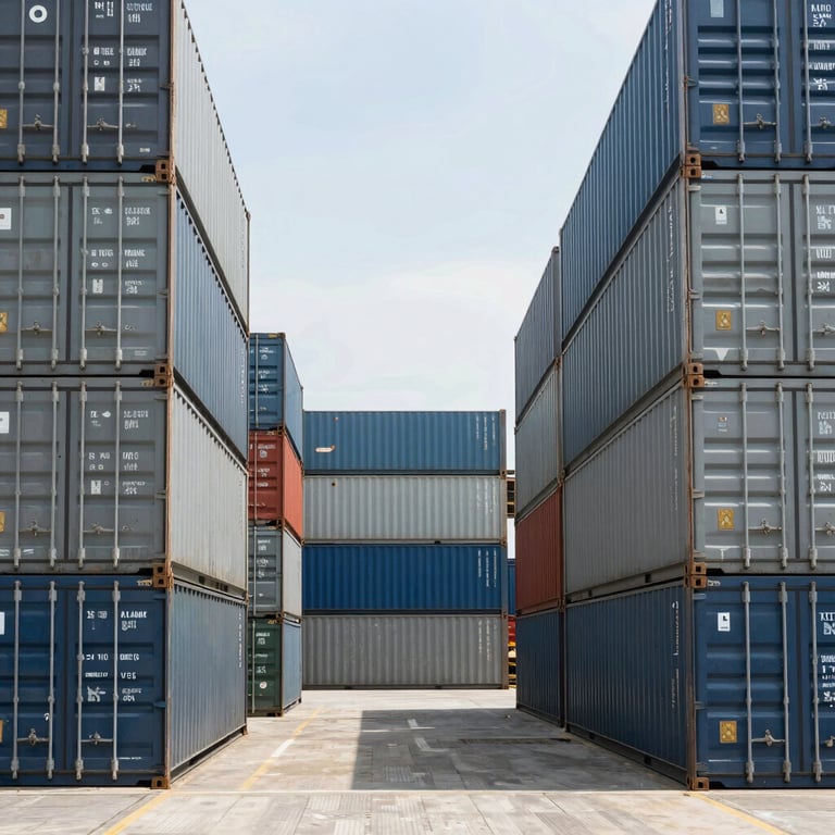 Symmetrical composition of colorful shipping containers stacked in a modern harbor under a bright mid-day sun with slate grey and medium blue accents.